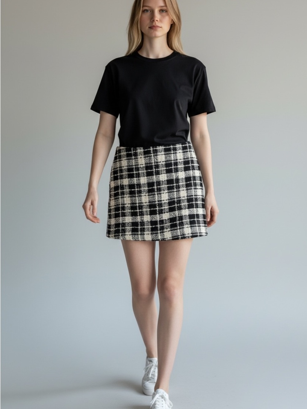 Black and White Plaid Tweed Mini Skirt